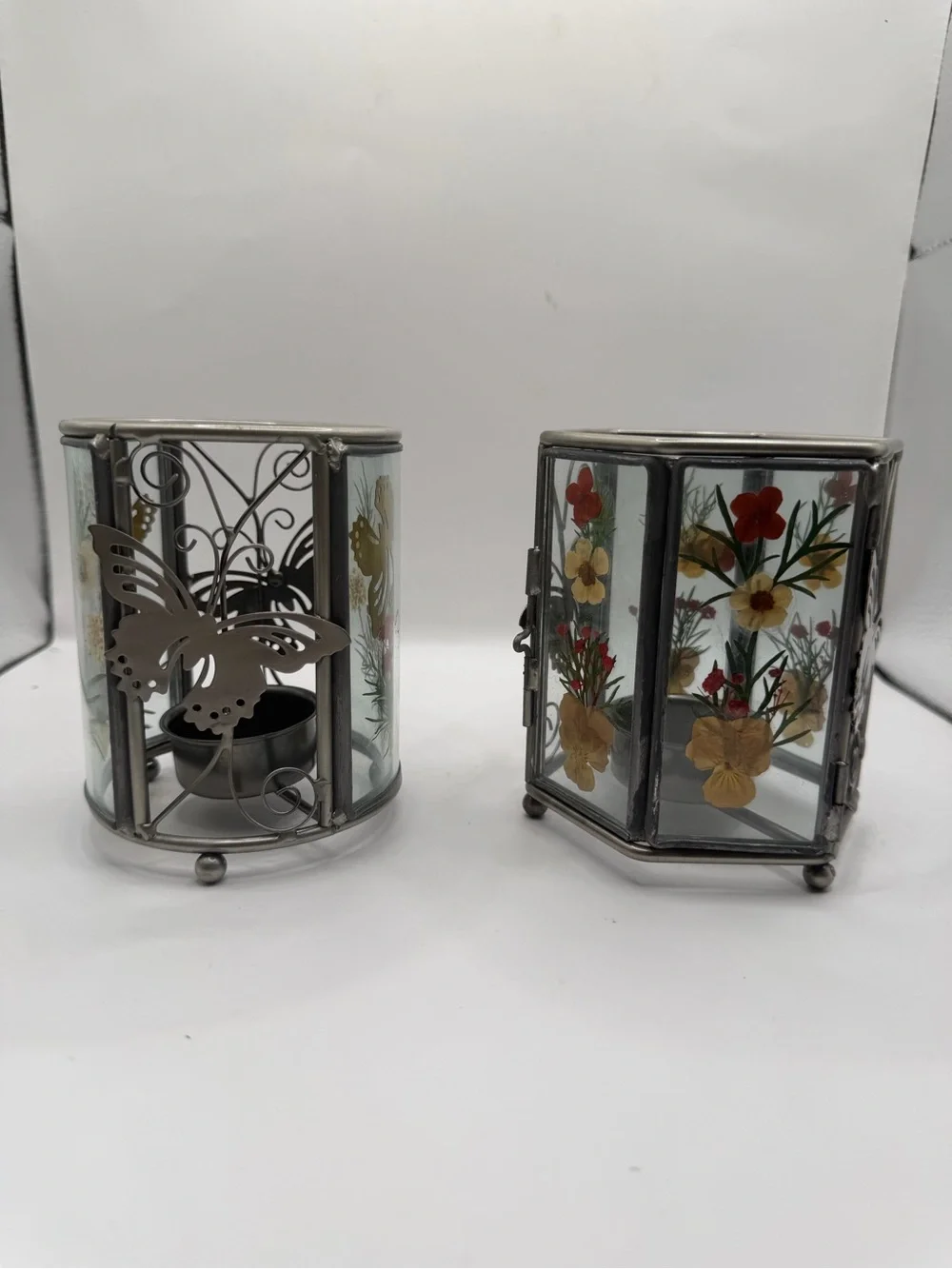 Pressed Flower Butterfly Glass Tealight Candle Holders Set of 2